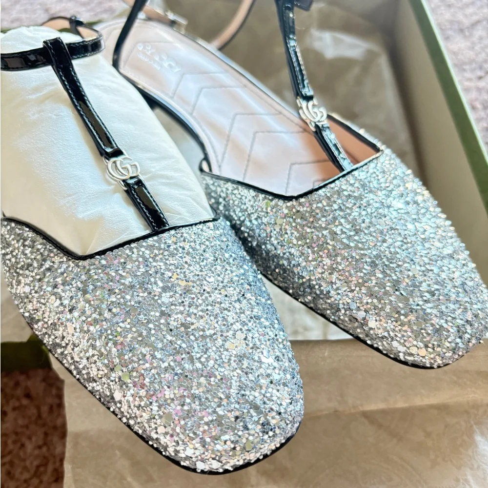 Gucci Silver Glitter Women's T-Strap Shoes Flats - Picture 3 of 7